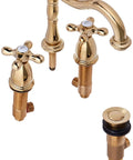 Widespread Bathroom Faucet In Polished Brass, 8 To 16 Inch Spread, Deck Mount Three Hole Install, 6.5 Inch Spout Reach, Dual Cross Handles