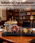Mini Steam Engine Kit 2 In 1 Beam Engine With Boiler And Lamp Scene on office desk, full metal build on wooden table