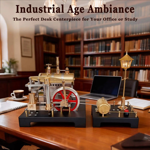 Mini Steam Engine Kit 2 In 1 Beam Engine With Boiler And Lamp Scene on office desk, full metal build on wooden table