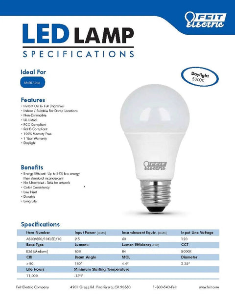 Daylight 5000K A19 LED Bulb 9W Actual 800 Lumens 60W Equivalent Non Dimmable specifications sheet with product image