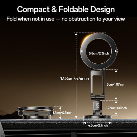 Dimensions of the All Metal MagSafe Car Mount For Dashboard And Tesla Screen, compact and foldable design show with measurements.
