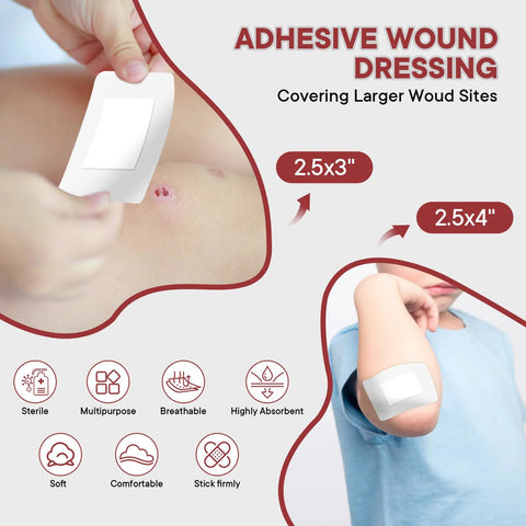 Close-up of adhesive wound dressing applied to forearm; two sizes 2.5x3 and 2.5x4 inches; sterile, breathable, absorbent bandage.