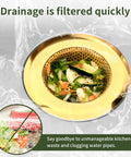Two Pack Stainless Steel Kitchen Sink Strainers With Gold Finish, 4.5 Inch Wide Rim, Mesh Drain Basket with food debris visible