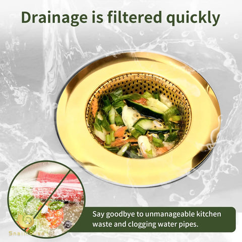 Two Pack Stainless Steel Kitchen Sink Strainers With Gold Finish, 4.5 Inch Wide Rim, Mesh Drain Basket with food debris visible