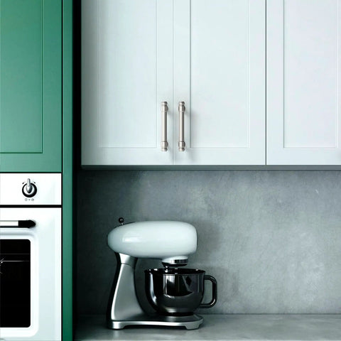 10 Pack 3 Inch Brushed Satin Nickel Cabinet Pulls for kitchen cabinets and drawers, shown on white cabinetry, modern satin hardware.