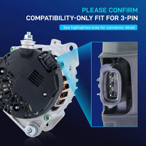 110Amp 12V 3-Pin Drop-In Alternator Replacement For 2007-2013 Altima L4 2.5L with 6-Groove Pulley, close-up of connector view