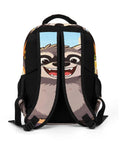 Back view of Burger Raccoon City Street Print Backpack For Men And Women, highlighting breathable straps on durable polyester.