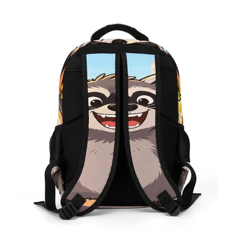 Back view of Burger Raccoon City Street Print Backpack For Men And Women, highlighting breathable straps on durable polyester.