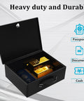 Boss-Grade Portable Safe Box With Key Lock For Fire Resistant Document Storage At Home In The Car Or Outdoors Extra Large Lockbox 13.2 x 11 x 5.1 Inches Black open view with valuables inside