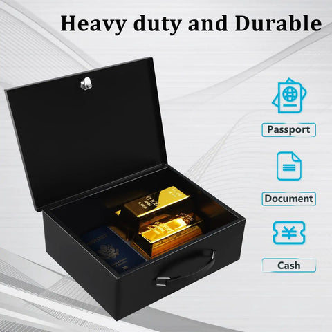Boss-Grade Portable Safe Box With Key Lock For Fire Resistant Document Storage At Home In The Car Or Outdoors Extra Large Lockbox 13.2 x 11 x 5.1 Inches Black open view with valuables inside