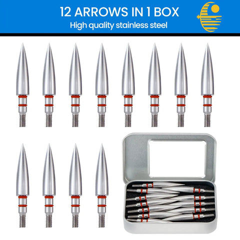 12 Pack Archery Field Points 19 64th Inch, 1.77 Inch Length, 8 32 Screw In, 100 125 150 300 Grain Options, Stainless Steel Tips