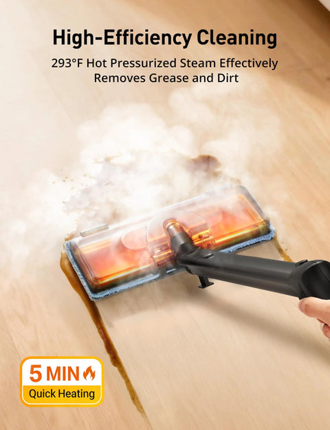 Heavy Duty Handheld Steam Cleaner And Mop With 293 Degrees Heat And 50 Oz Tank Featuring 21 Attachments For Homes Cars And Ceramic Tiles That Honestly Cuts Through Grime Without Breaking A Sweat in action on wooden floor.