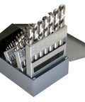 Pro Grade Short Length HSS Drill Bit Set In Metal Case, 29 Piece, bright finish metal case open, showing organized drill bits