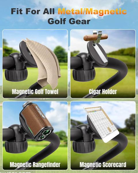 MagSafe Golf Push Cart Phone Holder With 360 Degree Rotation Hands Free Mount With Strong Magnets For All Phones Compatible With Clicgear Bag Boy Sun Mountain Carts Easy Access Phone Mount On The Go shown with magnetic accessories like towel, cigar holder, rangefinder, scorecard