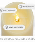 Close-up of Cozy Flameless LED Candle With Moving Flame Pillar, Remote Ready And Timer, highlighting LED technology and realistic flicker.