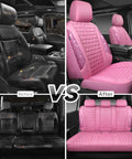 Before and after installation of Blinged Out Pink Leather Car Seat Covers Full Set Waterproof Glitter Crystal Rhinestone Sparkle