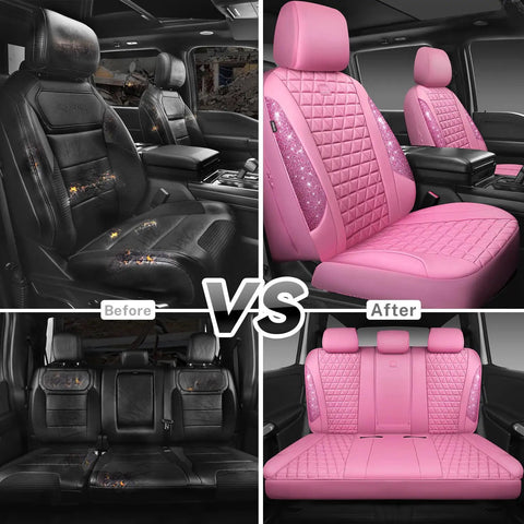 Before and after installation of Blinged Out Pink Leather Car Seat Covers Full Set Waterproof Glitter Crystal Rhinestone Sparkle
