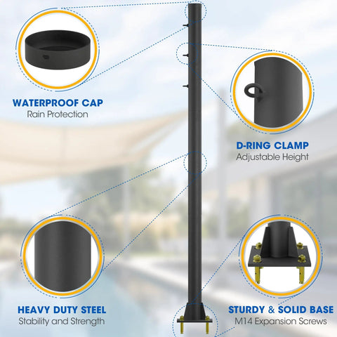 Heavy Duty 10 Ft Shade Pole Kit for Outdoor Shade Sails, Steel 2.4 Inch Diameter Poles with Ground Base for Deck Patio Backyard, Three Ring Sun Shade Poles, Black