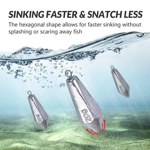 Drop Shot Fishing Weights Kit For Bass Heads Raindrop Shaped Lead Sinker Set underwater view showcasing fast sinking action