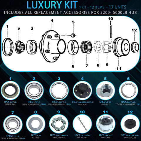 Luxury kit diagram for Trailer Hub Kit 6 Lug 5.5 Inch Pre Lubed and Installed for 5200-6000 Lb Axles with accessories.