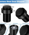 Close-up of 10 Pack Stainless Steel Door Stopper Floor Stops with Rubber Bumpers, showing dimensions and installation details.