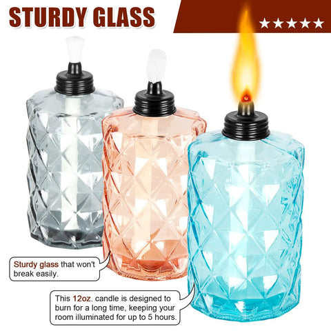 Glass Table Top Torches Four Pack Outdoor Citronella Torches With 12oz Fuel Capacity Refillable Wick And Cap Included