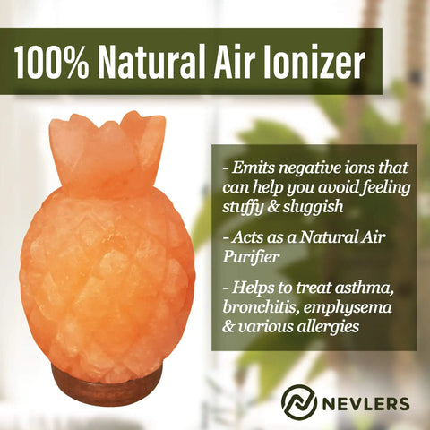 Pineapple-shaped pink Himalayan salt lamp on wood base, marketed as a natural air ionizer with health benefits by Nevlers