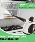 Heavy Duty Pressurized Handheld Steam Cleaner With Ten Piece Accessory Set Kicking Grease Grime And Pet Hair From Rugs Couches Tile And Sealed Wood Floors For No Sweat Household Cleaning Tasks, cleaning grease stains from a kitchen exhaust hood.