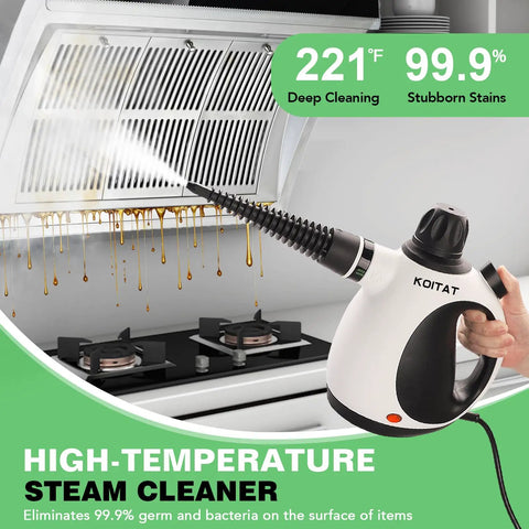 Heavy Duty Pressurized Handheld Steam Cleaner With Ten Piece Accessory Set Kicking Grease Grime And Pet Hair From Rugs Couches Tile And Sealed Wood Floors For No Sweat Household Cleaning Tasks, cleaning grease stains from a kitchen exhaust hood.