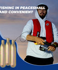 Man fishing with red life vest; 24G CO2 Cartridge Cylinder For Life Vests And PFD Rearming Kit Auto Or Manual Inflating Life Jacket Accessory