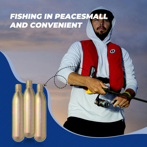 Man fishing with red life vest; 24G CO2 Cartridge Cylinder For Life Vests And PFD Rearming Kit Auto Or Manual Inflating Life Jacket Accessory