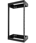 Beast Mode Heavy Duty 21U Two Post Wall Mount Open Frame Network Rack featuring adjustable depth, black steel frame, open design.