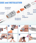 DTP 2 Pin Waterproof Automotive Connectors Kit, 6 Sets With Size 12 Solid Contacts, 14-12 AWG Wire, 25A Capacity usage instruction
