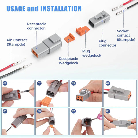 DTP 2 Pin Waterproof Automotive Connectors Kit, 6 Sets With Size 12 Solid Contacts, 14-12 AWG Wire, 25A Capacity usage instruction