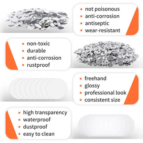 500 Sets Blank Metal Button Making Supplies Badge Parts 32 Mm Round Badge Kit displaying metal shells and clear films.