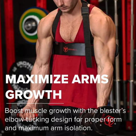 Man using Black Heavy Duty Aluminum Arm Blaster For Bicep Curls And Arm Isolation Improve Strict Curl Form Grow Bigger Arms Durable Gym Accessory Built To Last Through Heavy Lifts in gym