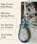 Hand Pruners And Shears Set In Sage With Blister Pack Lightweight Garden Gear Easy Lock Sharp Carbon Steel Blades Rust Resistant For Herbs And Flowers Pruning Kit Pro Grade showing high-carbon steel blades and ergonomic handle near soil.
