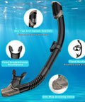 Two Window Panorama Snorkel Mask For Adults With Dry Top Snorkel components and features illustrated against a blue water backdrop