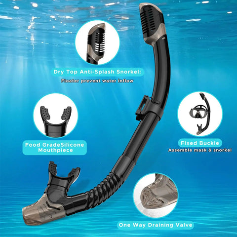 Two Window Panorama Snorkel Mask For Adults With Dry Top Snorkel components and features illustrated against a blue water backdrop