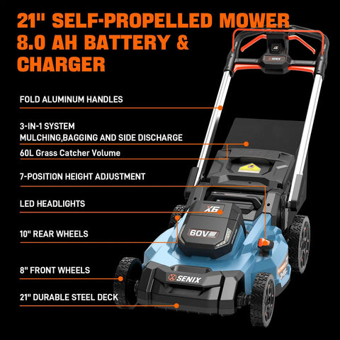 X6 60V Max 21 Inch Beast Power Self Propelled Mower With 8Ah Battery And Charger, Smart Display, 3-in-1 steel deck mower