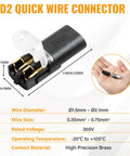 50 Pcs D2 Quick Connect Wire Connectors For LED Strip Lights Two Pin With Locking Buckle No Tools Needed One Step Connection 18 22 AWG Flame Retardant Housing Great For DIY Low Voltage Projects And Model Kits showing dimensions and hand-held size
