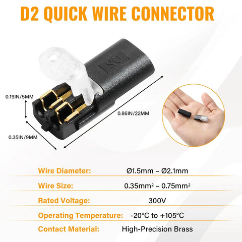 50 Pcs D2 Quick Connect Wire Connectors For LED Strip Lights Two Pin With Locking Buckle No Tools Needed One Step Connection 18 22 AWG Flame Retardant Housing Great For DIY Low Voltage Projects And Model Kits showing dimensions and hand-held size