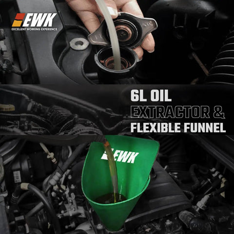Using 6L Oil Extractor and Flexible Moldable Oil Funnel Kit for spill-free fluid changes in cars, motorcycles, and boats.