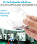 Hand holding No Nonsense Emergency Stop Button Lockout Cover 4 Pack Round Transparent Push Button Protectors with Adhesive