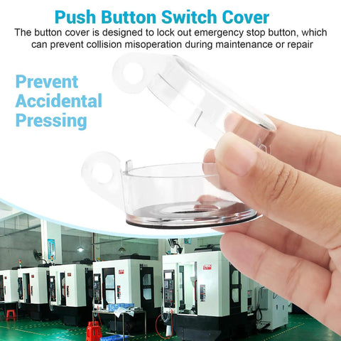 Hand holding No Nonsense Emergency Stop Button Lockout Cover 4 Pack Round Transparent Push Button Protectors with Adhesive