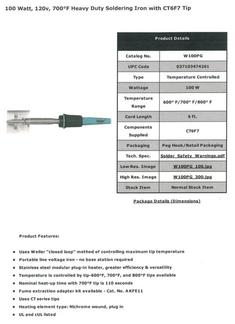Heavy Duty Soldering Iron With CT6F7 Tip 100 Watt 700 Degree Max Temperature Closed Loop Temperature Control shown with product specs.