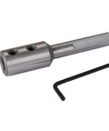 Heavy Duty Forstner Bit Extension Adds Four Inches Of Reach With Lockdown Half Inch Shank adjustment tool and hex key for secure fitting.