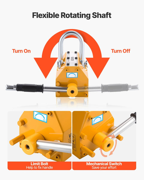 Front view of VEVOR magnetic lifter, yellow, 1320 lb capacity, release handle and steel hook
