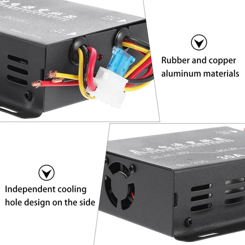 Close-up of connections and cooling holes on 30A 360W Vehicle Voltage Converter 24V To 12V DC Power Supply With Memory Function And Aluminum Alloy Heat Dissipation For Car Audio Navigation And RV On The Road Ready