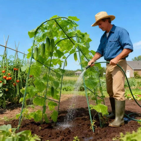 Person watering raised bed with cucumbers on arch trellis, featuring durable plastic coated steel tubes, easy assembly.